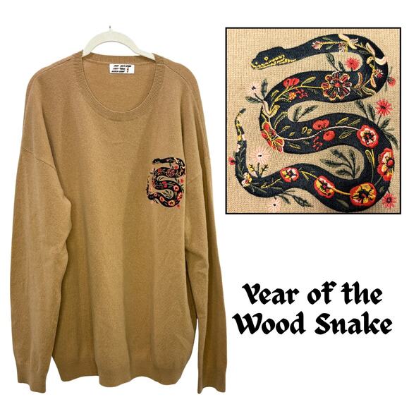 EST Media Size M Cashmere Sweater RARE Lunar New Year Wood Snake Embroidered Tan - Picture 1 of 12